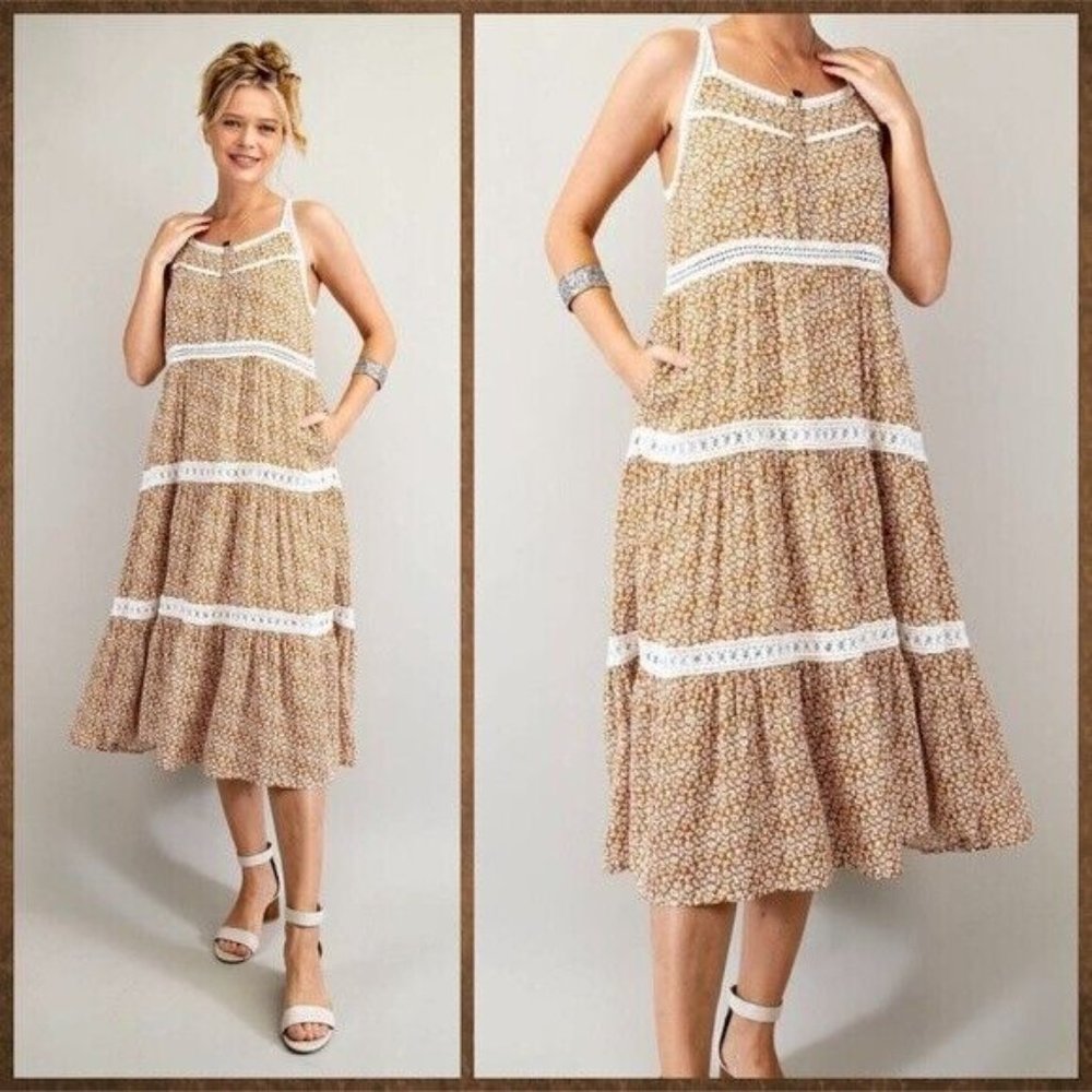 EASEL Racerback Floral Print Lace Trim Tiers Midi - Maxi Ruffled Hem - Picture 10 of 16
